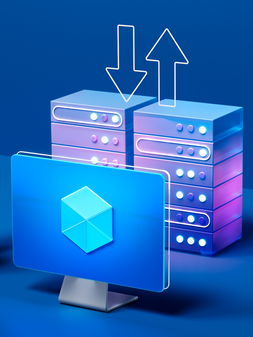 Illustration of a digital screen displaying a 3D cube in front of two server racks 