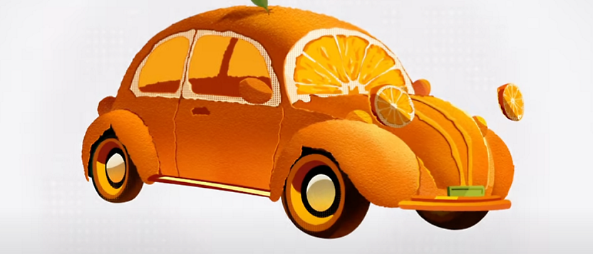 Dibujo animado de un coche hecho con naranjas con rebanadas naranjas en la parte delantera