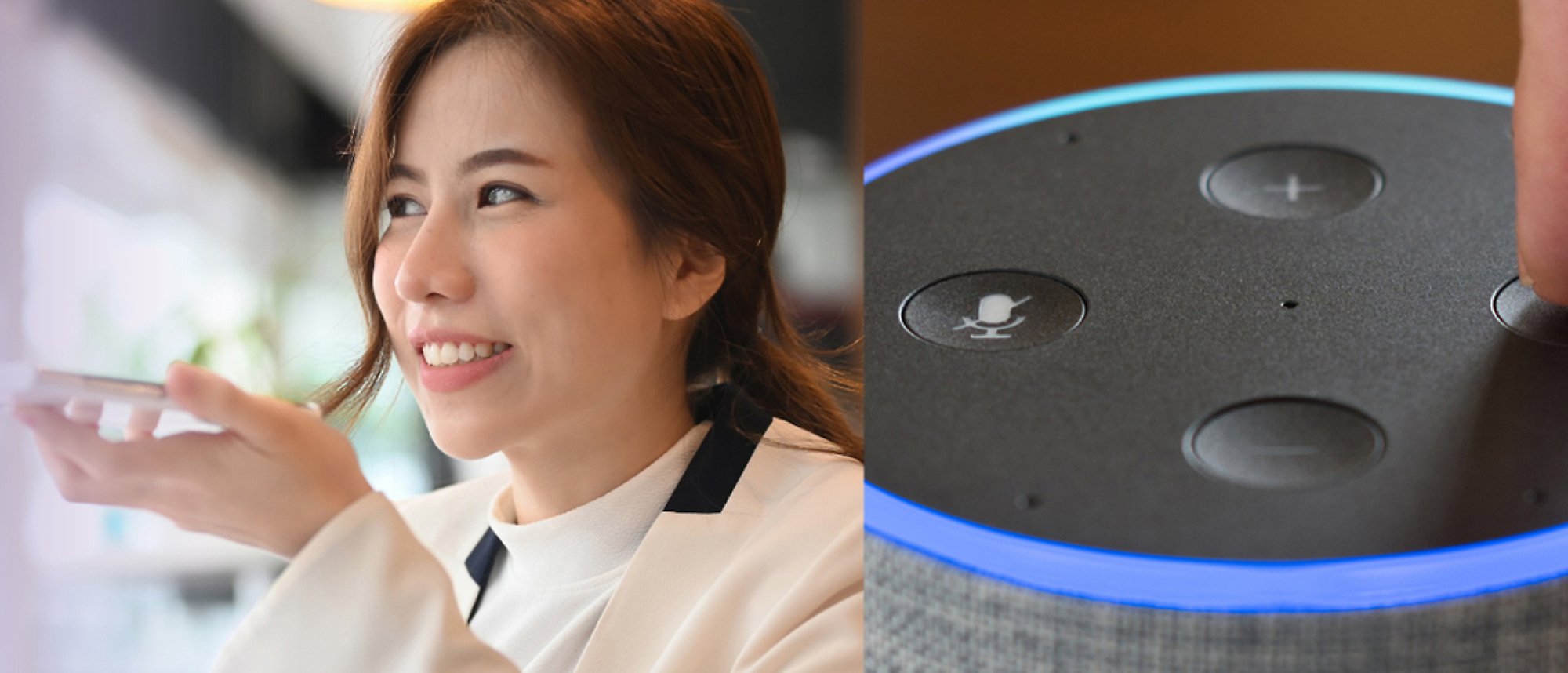 O femeie vorbind la un telefon și o imagine cu Amazon Alexa, cu lumini albastre și controale de sunet