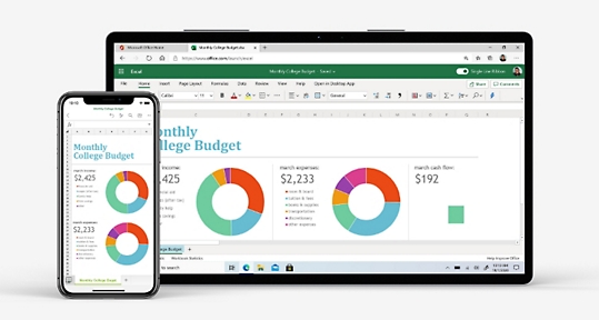 Dispositivo móvil y tableta que muestran una hoja de cálculo de Excel con gráficos coloridos.