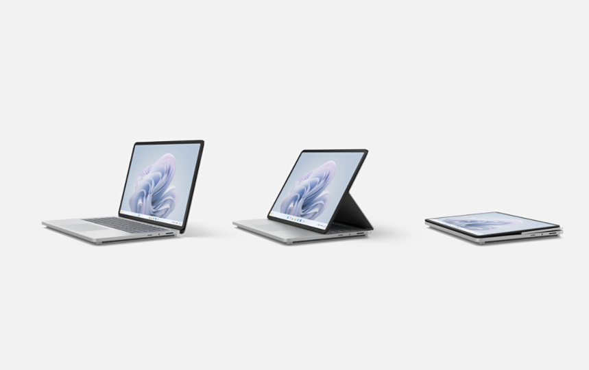 Un dispositivo Surface Laptop Studio 2 en modo portátil, un dispositivo Surface Laptop Studio 2 en modo escenario y un dispositivo Surface Laptop Studio 2 en modo estudio.