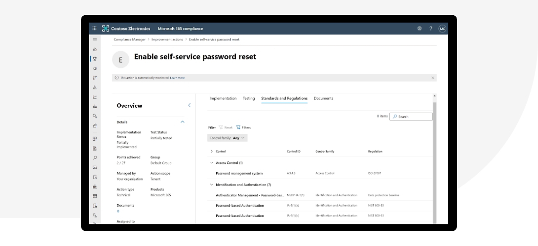 På skärmen visas hur du aktiverar självbetjäning av lösenordsåterställning i Microsoft 365 Efterlevnad.