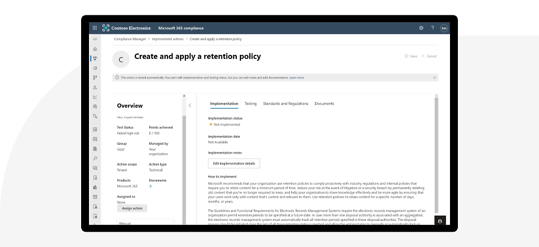 Der Bildschirm mit den Schritten zum Erstellen und Anwenden einer Aufbewahrungsrichtlinie in Microsoft 365 Compliance