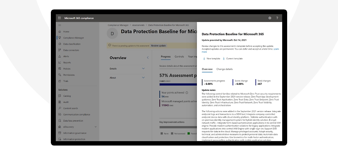 La pantalla en la que se muestra una actualización sobre la línea base de protección de datos para Microsoft 365 en el cumplimiento de Microsoft 365.