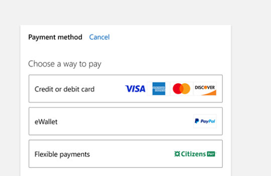 Screengrab of the checkout page showing Payment method followed by Choose a way to pay followed by three payment methods.