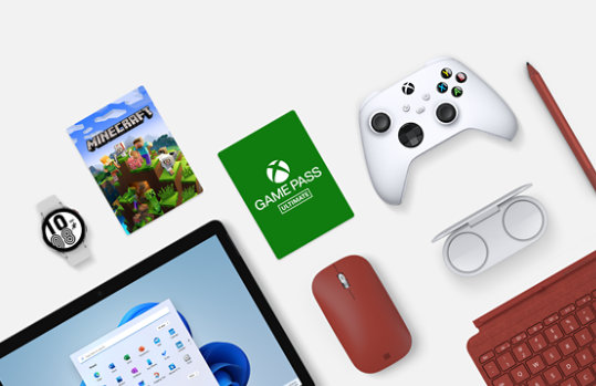 Surface Go 3 ja unikonpunaisia lisätarvikkeita, Samsung-älykello, Surface Earbuds -kuulokkeet, Xbox-ohjain, Minecraft-peli ja Xbox Game Pass Ultimate.