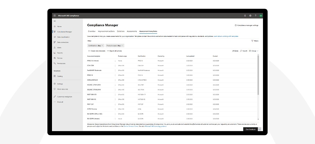 Eine Liste der Bewertungsvorlagen im Compliance-Manager