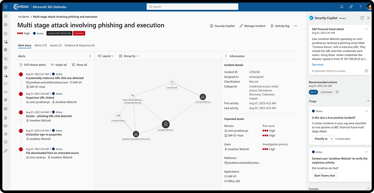 Contoso Microsoft 365 Defender: Mehrstufige Angriffswarnung mit Untersuchungsdetails