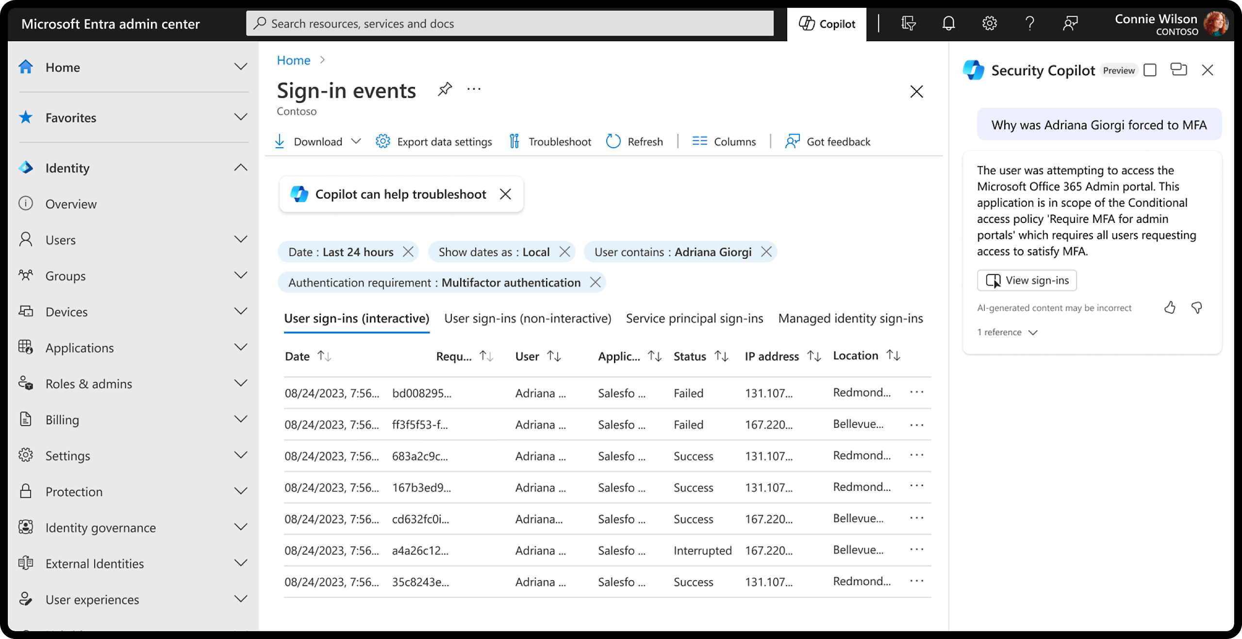 Microsoft Entra admin center: Copilot, Sign-in events, Troubleshoot, Adriana Giorgi MFA issue, Conditional access policy