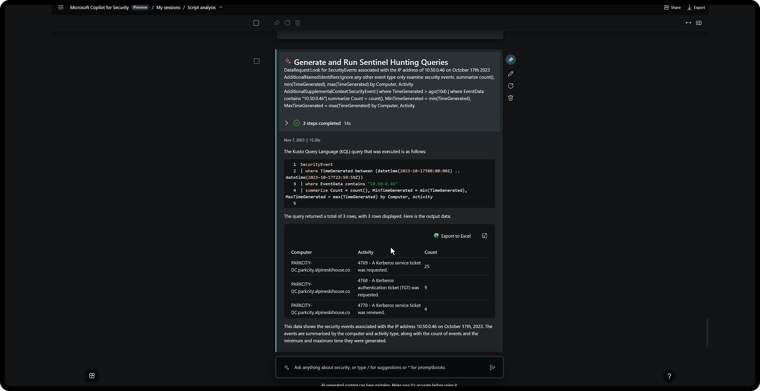 Sentinel Hunting Query: Security events with IP 10.50.0.46 on Oct 17, 2023. KQL details and result summary