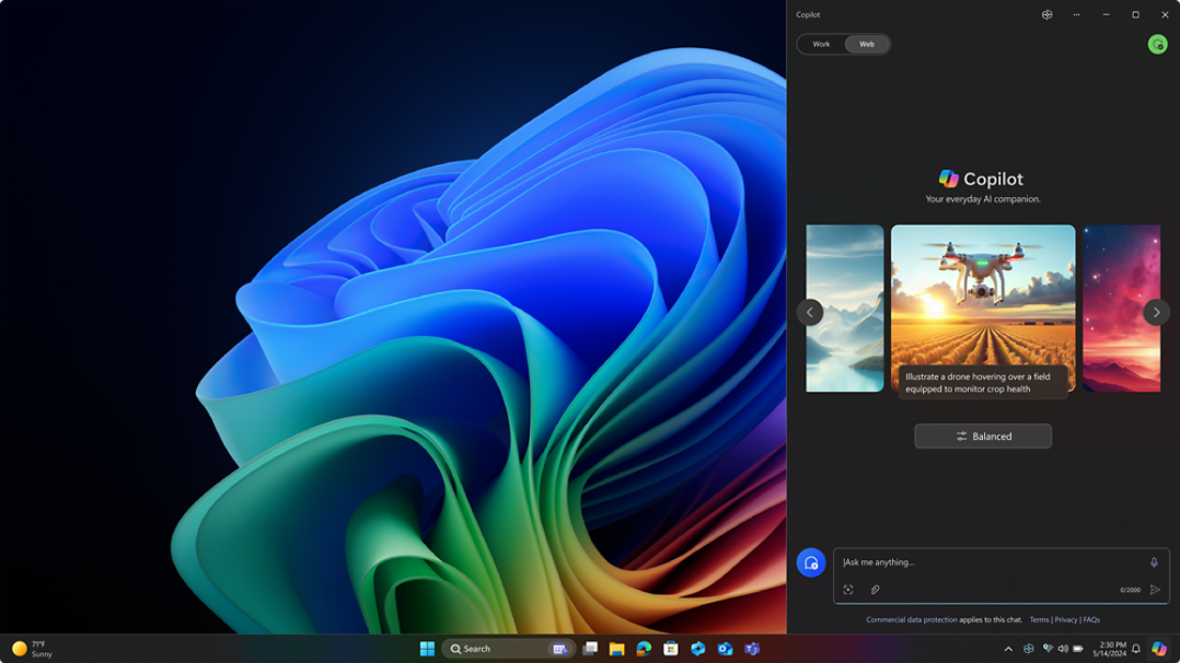 Desktopbildschirm mit Blüte von Windows 11 Pro mit dem Copilot-Fenster, das auf der rechten Seite erscheint.