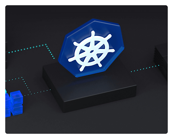 Kubernetes på en svart bakgrund med ett blått hjul.