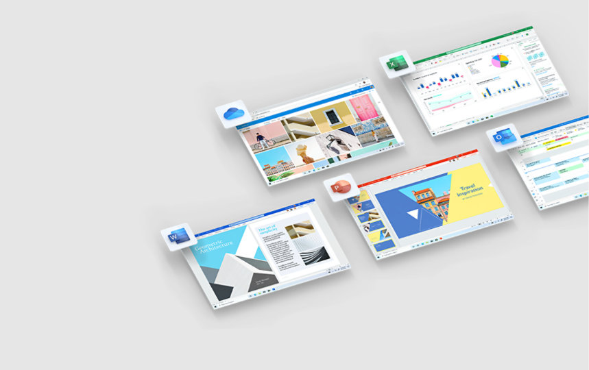 Various Microsoft apps included in Microsoft 365 including Word, Excel, and Powerpoint.