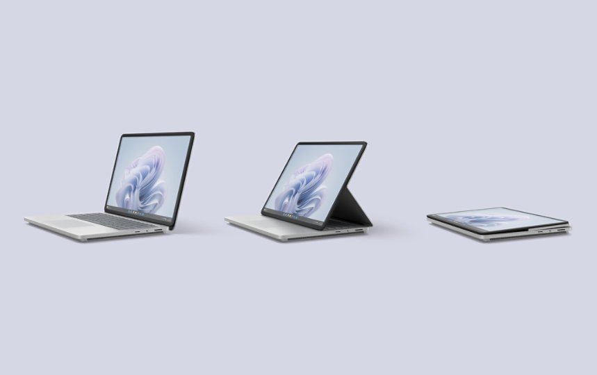 Un dispositivo Surface Laptop Studio 2 para empresas en modo portátil, un dispositivo Surface Laptop Studio 2 para empresas en modo Escenario y un dispositivo Surface Laptop Studio 2 para empresas en modo Estudio. 