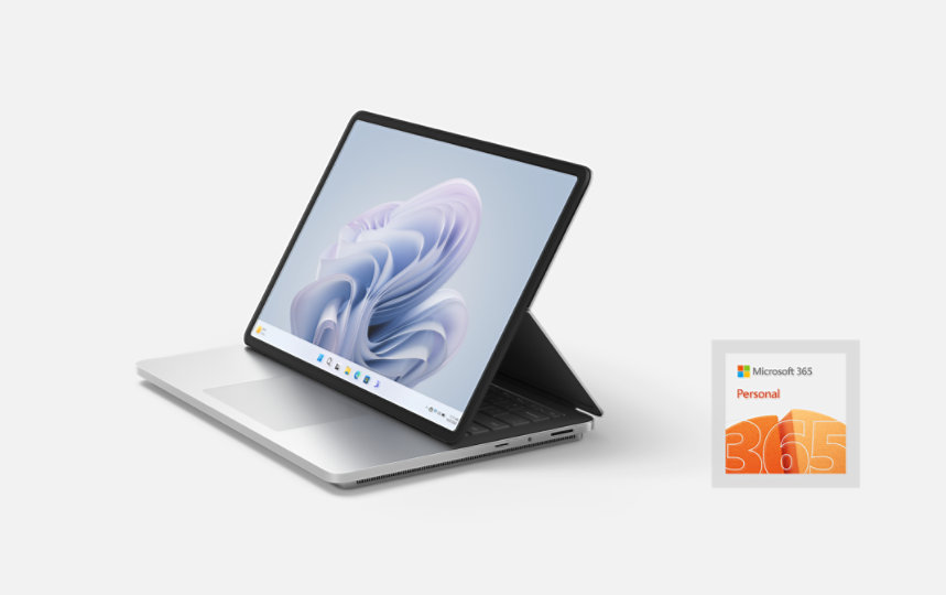 Un dispositivo Surface Laptop Studio 2 en modo escenario con una suscripción a Microsoft 365 Personal. 