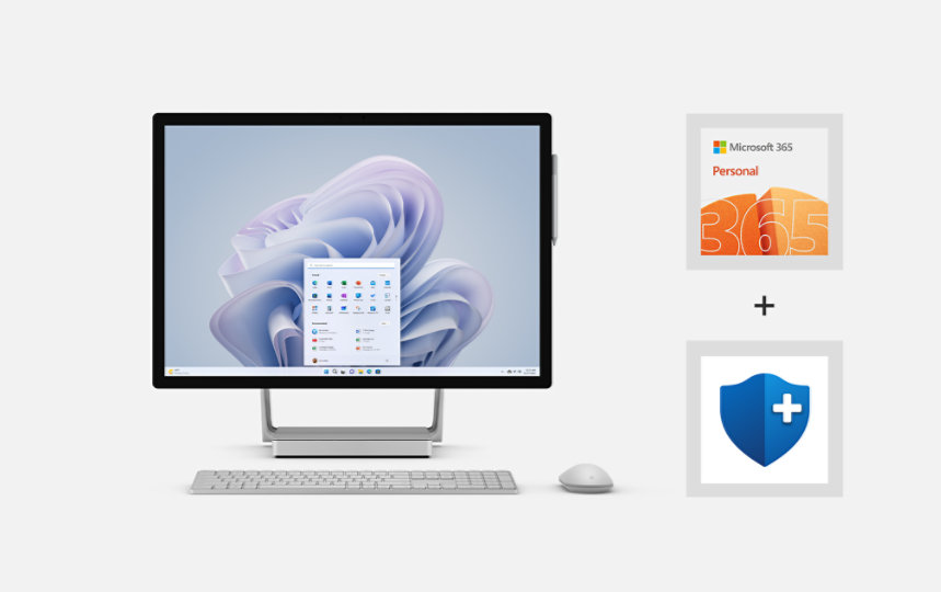 A front view of Surface Studio 2+ with mouse and the Microsoft 365 Personal and Microsoft Complete logos next to it. 