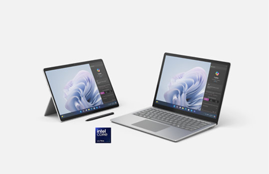 Una Surface Pro 10 en soporte, Surface Slim Pen 2 y Surface Laptop 6. La insignia Intel Core Ultra se muestra junto a los dispositivos.