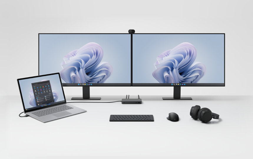 A desktop setup shows Surface Thunderbolt™ 4 Dock for Business connected to other Surface devices and accessories. 