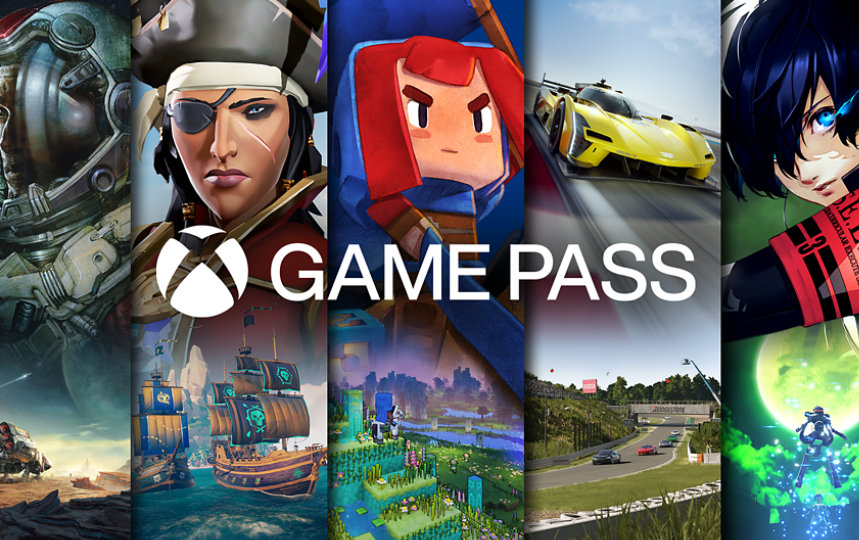 Xbox Game Pass logo with various video game character background.