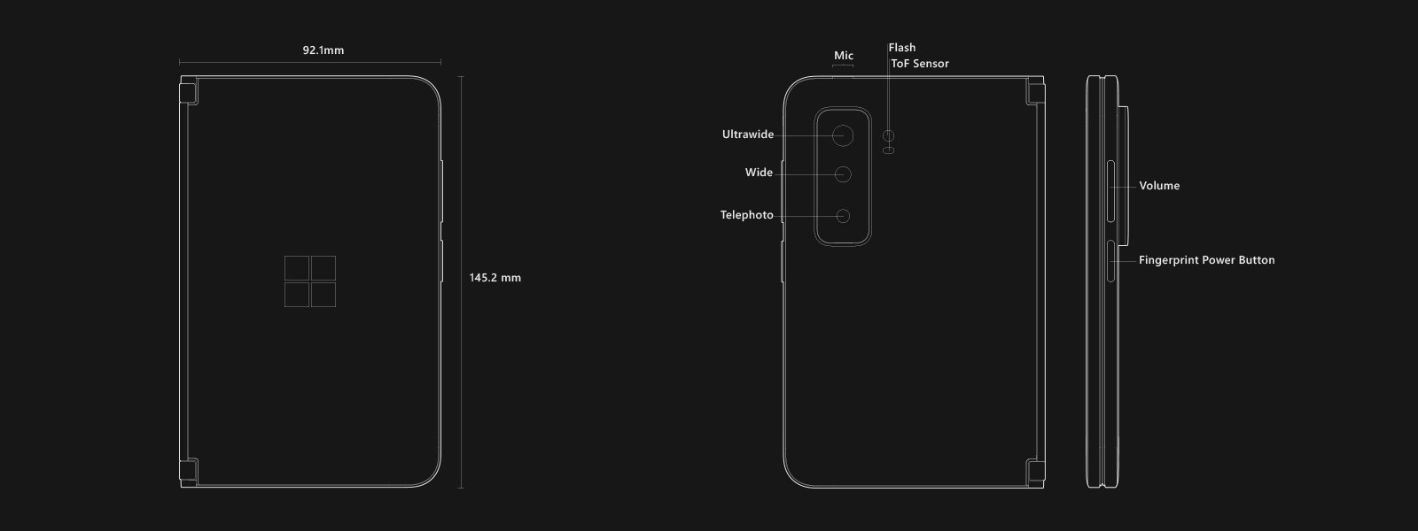 Surface Duo 2 schematic showcasing the front and size dimensions, camera, and button placements.