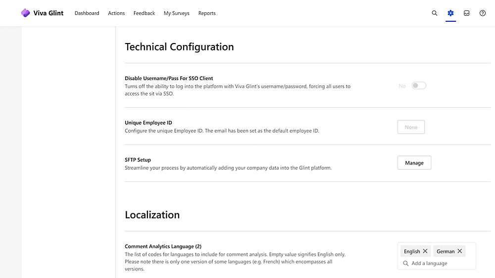Екранна снимка на настройките за техническа конфигурация и локализация на платформата Viva Glint, показваща опциите за SSO клиента