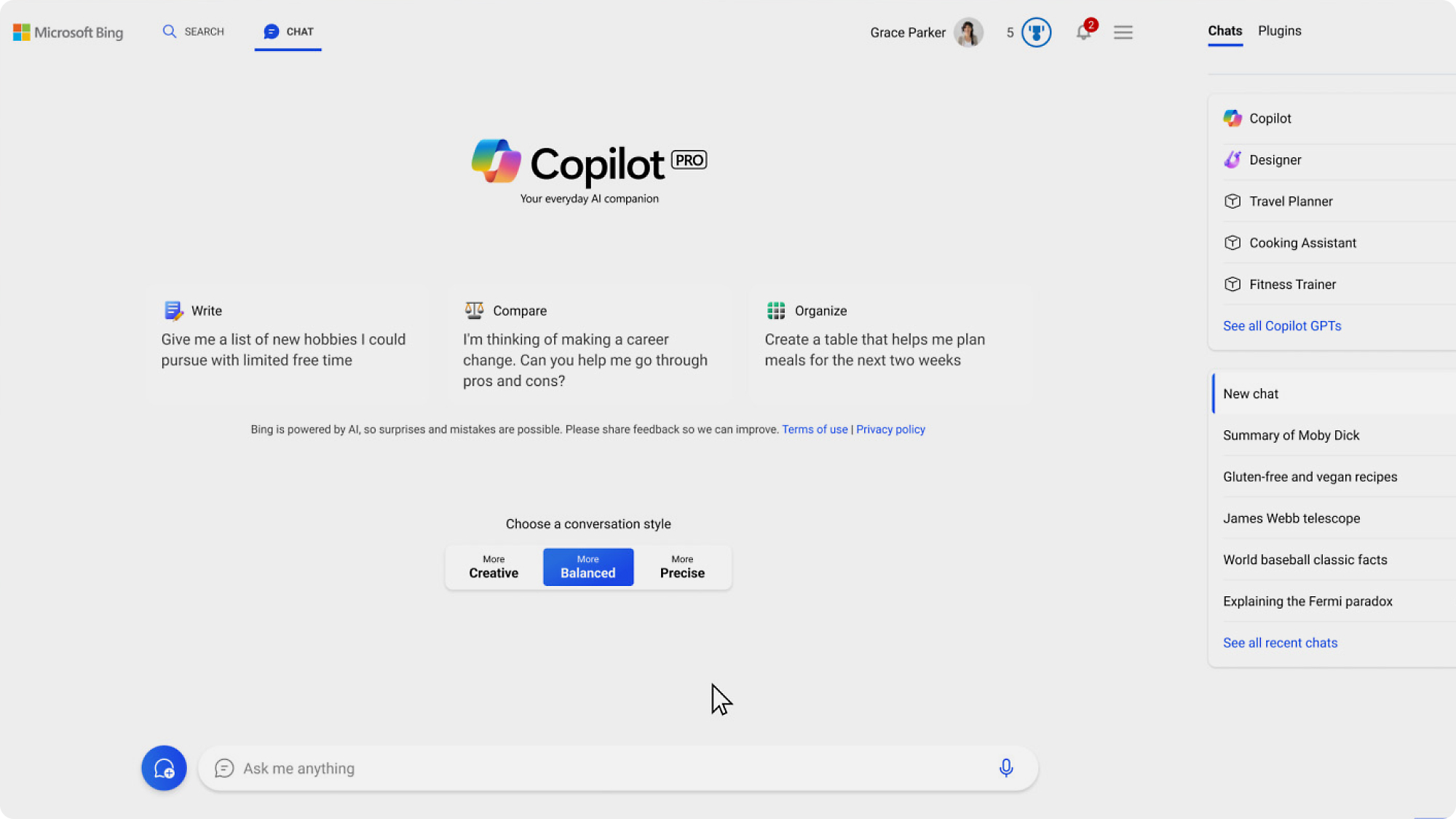 لقطة شاشة لعلامة التبويب Copilot Pro 