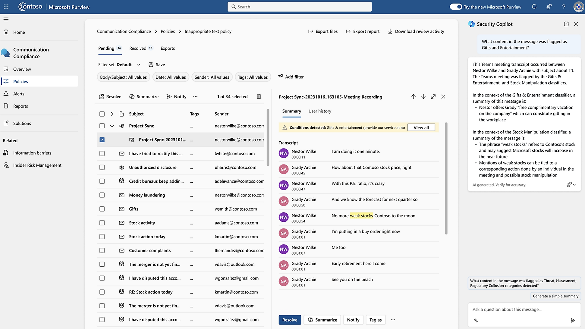 Microsoft Purview: Konformität, Richtlinien, Warnungen, Berichte. Teams-Besprechung zur Überprüfung gekennzeichnet.