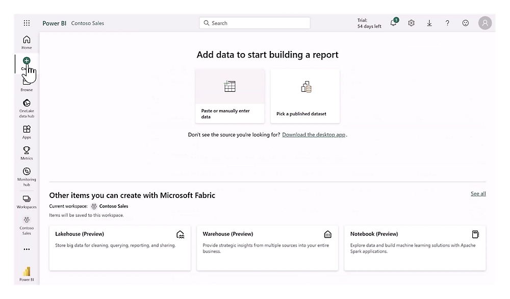 Painel de vendas do Power BI Contoso, oferecendo insights de dados e opções de criação