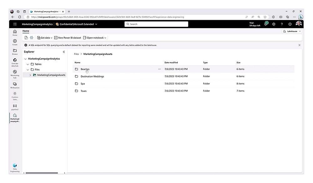 Gränssnitt för analys av marknadsföringskampanj som visar data, filer och mappar i Power BI.