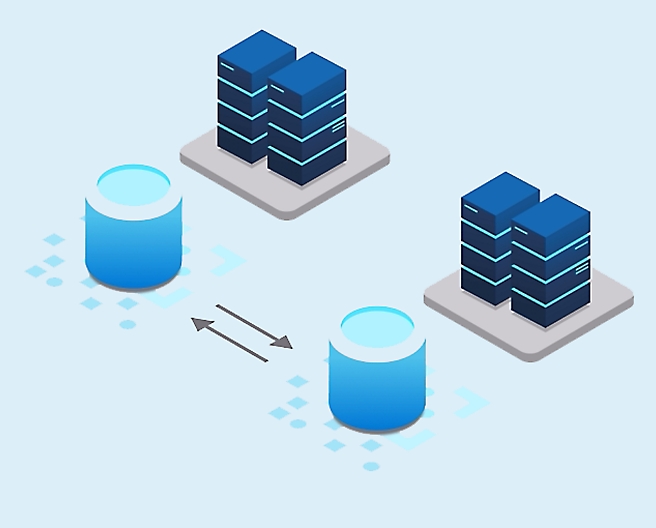 Isometric illustration of a server and a database.