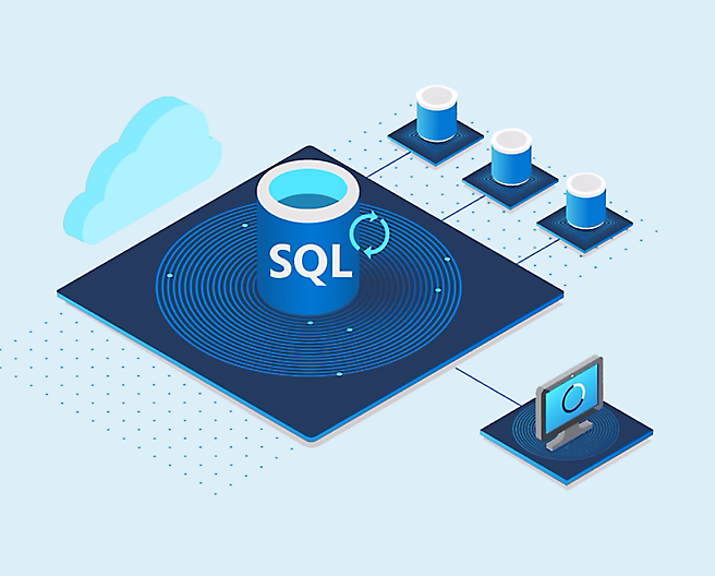 Изометрическое изображение сервера SQL и компьютера.