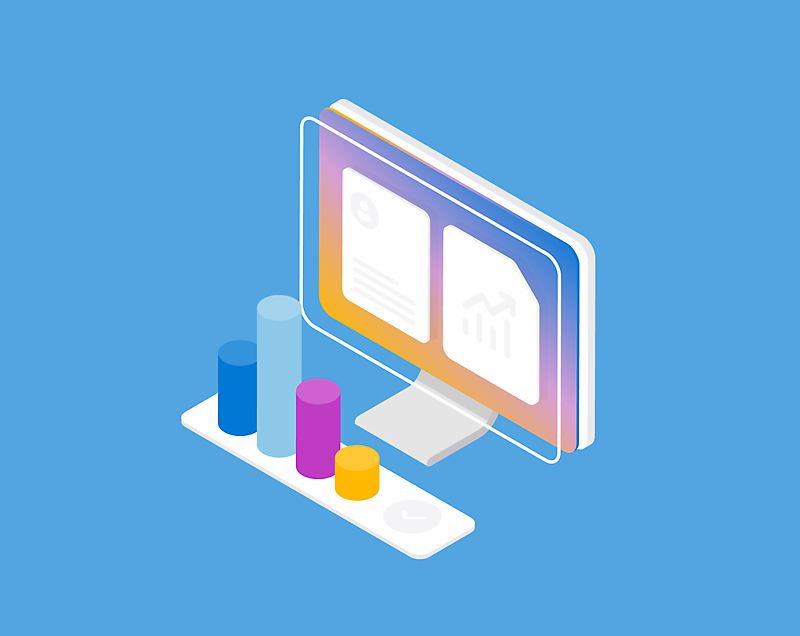 Illustration of a computer monitor displaying two documents, one with a line graph and the other with text and an icon