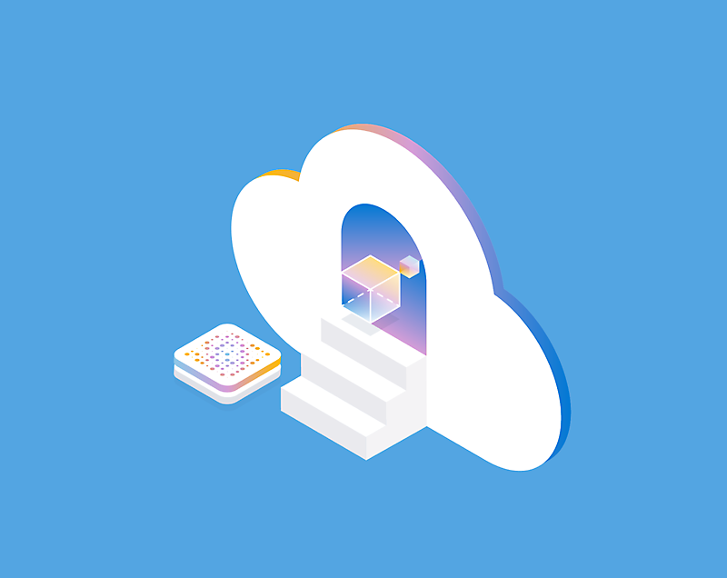 A digital illustration of a white cloud with stairs leading to a doorway, connected to a small device