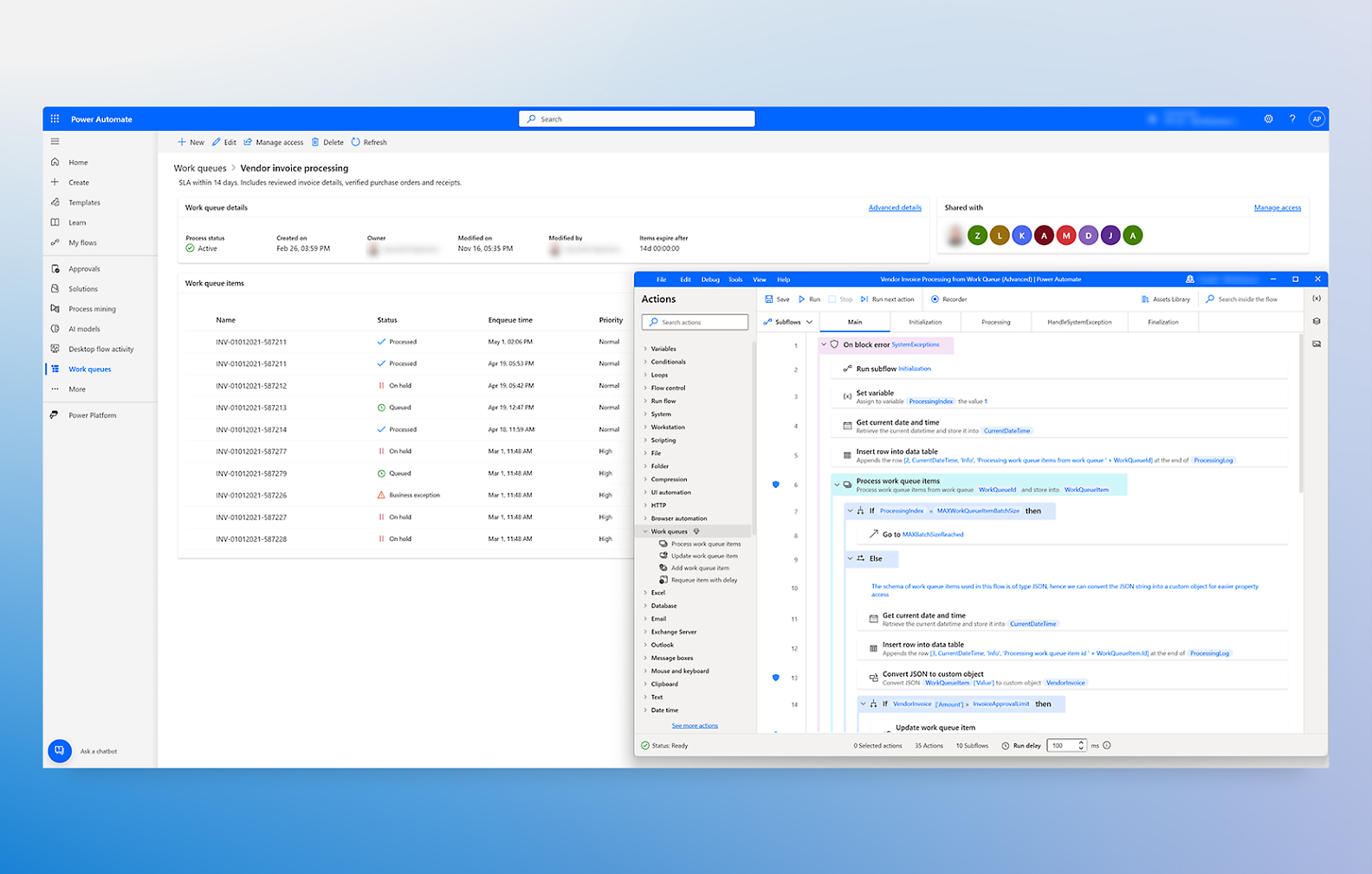 Window showing power automate with another small window open for actions