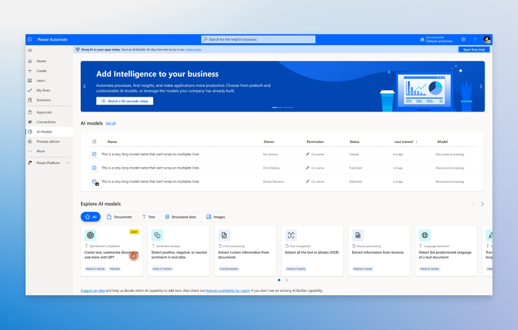 Instancia de Power Automate que muestra la ventana del panel de todos los modelos