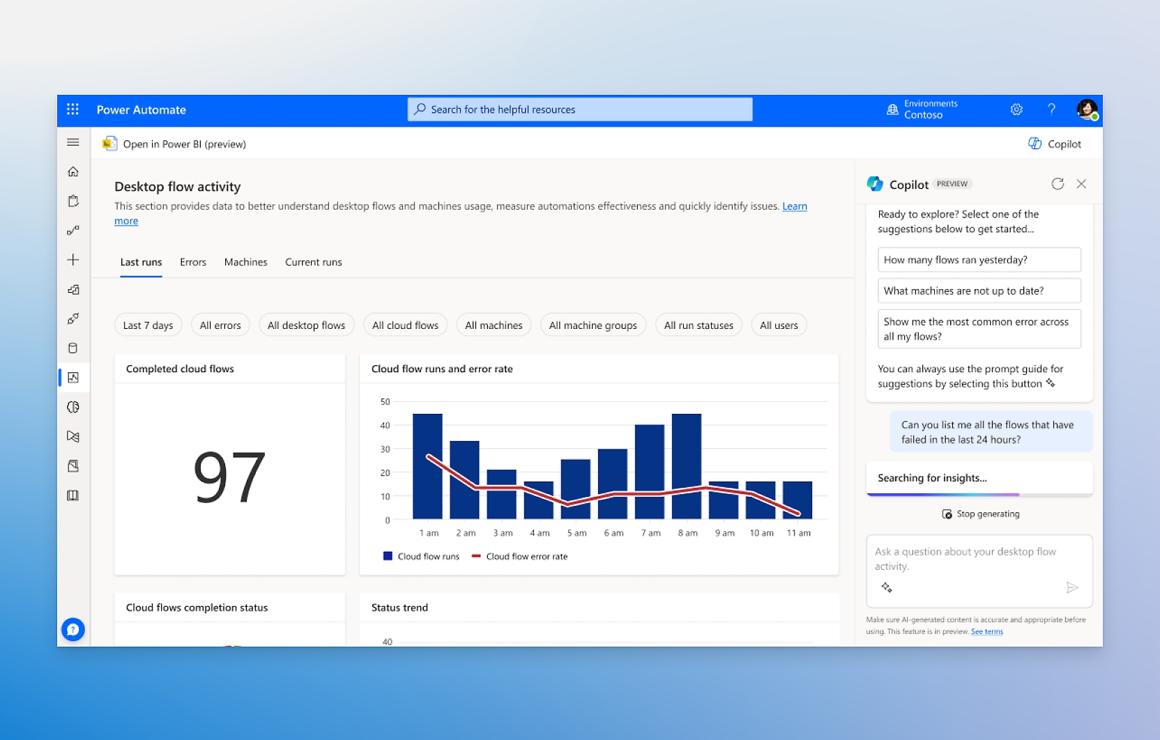 Finestra che mostra il dashboard per l'attività del flusso del desktop