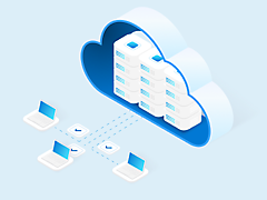 Illustration du concept de stockage cloud avec des fichiers dans un symbole cloud connecté à trois ordinateurs portables