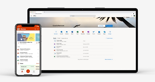 Dispositivo móvil y tableta que muestran la pantalla de inicio de Microsoft 365.
