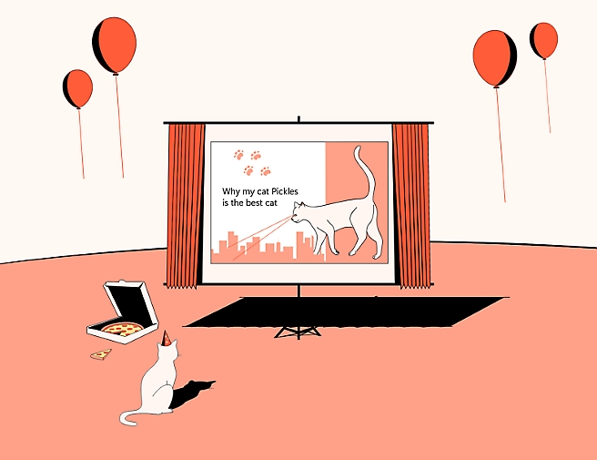 An animated image showing a screen with cat with curtains on each side and balloons