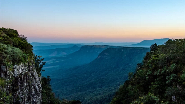 Una vista panorámica de un bosque con acantilados a ambos lados.