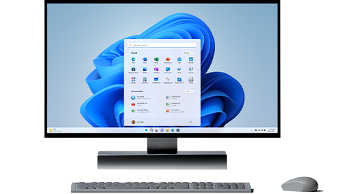 Monitor de sistem all-in-one desktop cu o fereastră de aplicații recomandate și fixate, cu tastatură și mouse