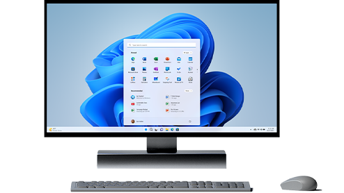 Desktop all-in-one monitor with pinned and recommended apps window, with keyboard and mouse