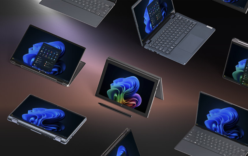 Multiple laptops and two-in-one devices displaying the Windows 11 start screen 