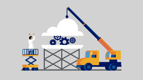 Illustration of crane lowering a cloud on top of a structure