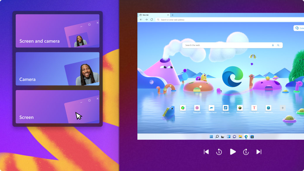 Microsoft Edge bērnu režīma ekrāns ar ekrāna un kameras opcijām