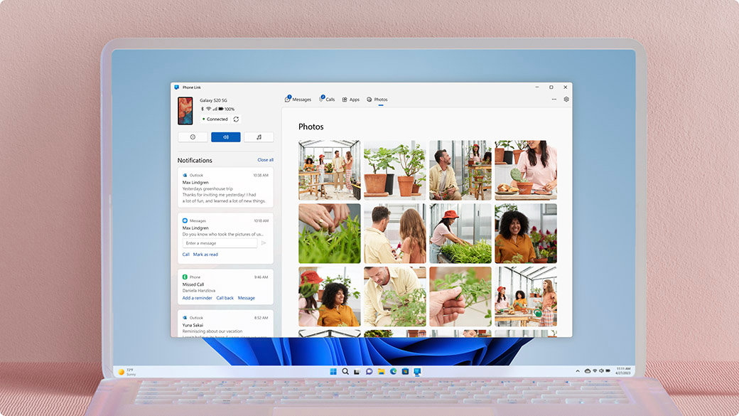 Phone Link-vensters met Outlook-meldingen en foto&apos;s