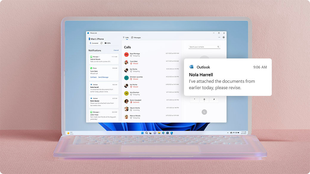 Fenêtre Mobile connecté avec les notifications de courriel d’Outlook