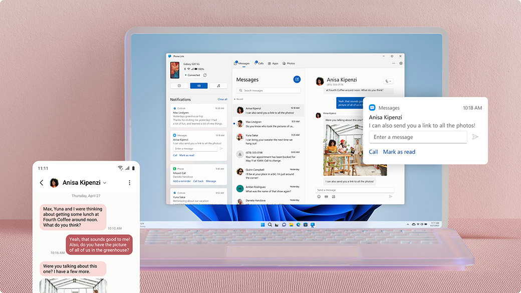 Phone Link window with notifications, messages and mobile phone