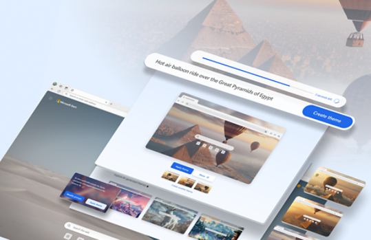 Screen layouts showing hot air ballons flying over Egyptian pyramids as AI generates browser themes to match
