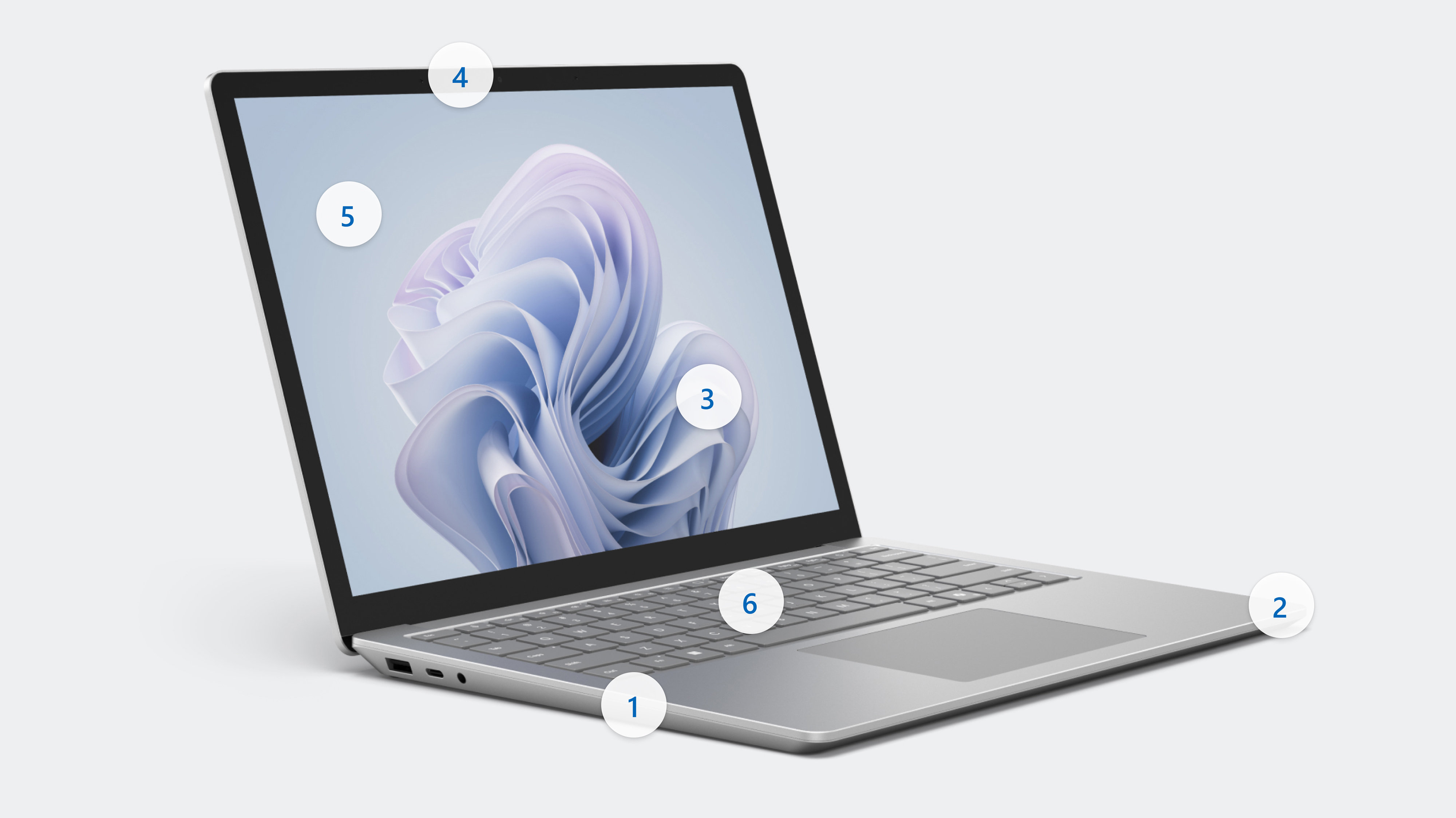 Kuvassa Surface Laptop 6 ja sen hotspotit 1–6